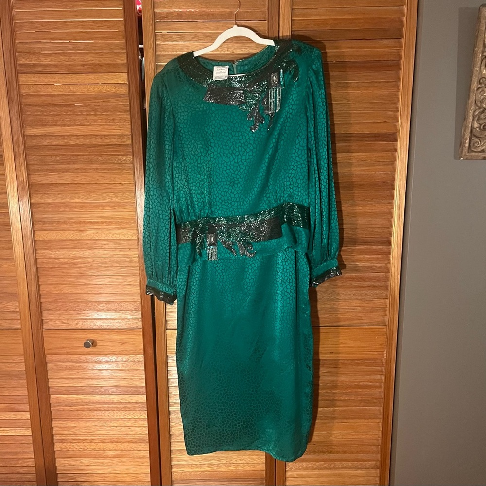Francesca of Damon for Starington Green Long Sleeve Dress Size 14 100% Silk